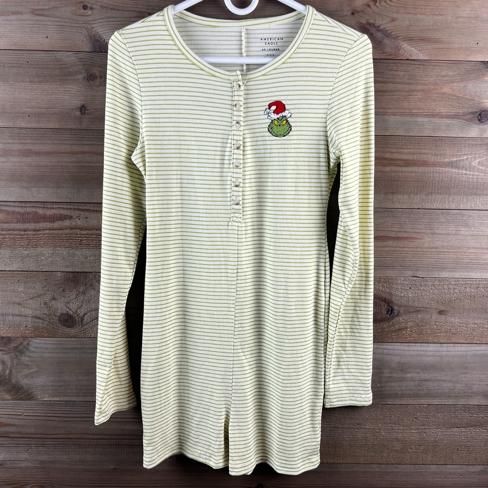 American Eagle AE Lounge Womens Romper Grinch Striped Long Sleeve Holiday Medium